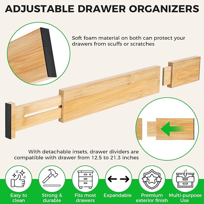 4 Pack Bamboo Drawer Dividers Organizer - Image 4