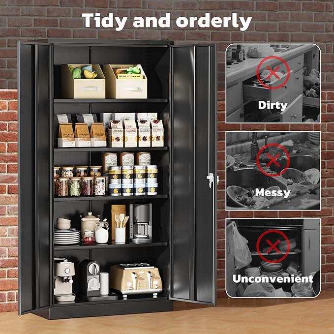 Greenvelly 72" H Metal Storage Cabinet, 36" W x 18" D Black Metal Cabinet with 2 Doors and 4 Adjustable Shelves,Locking Cabinets for Office, Home, Garage, School