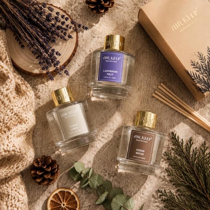 Reed Diffuser Set of 3, Clean Linen Lavender Field Cedar Wood Oil Reed Diffusers - Image 2