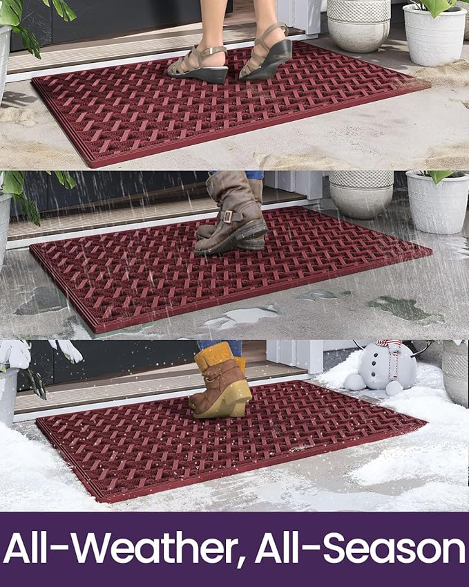 DEXI Front Door Mat Outside Entrance Rubber 32x48, Welcome Floor Doormat Heavy Duty Non Slip, Dirt Trapper Waterproof Exterior Entry Mats All Weather for Patio Entryway Drainage, Red