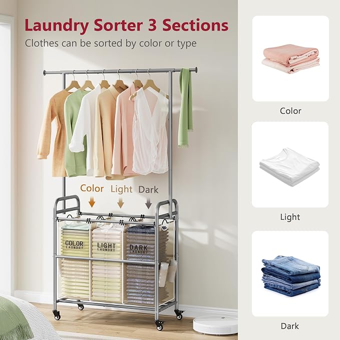 Tajsoon Laundry Hamper with Hanging Rack, Laundry Sorter 3 Section - Image 4