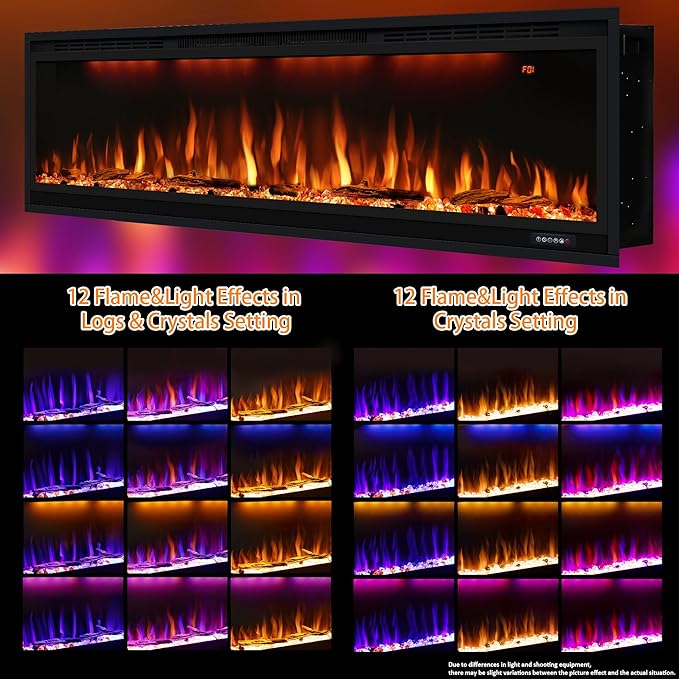 60 inch Smart Linear Electric Fireplace, Recessed and Wall Mounted Fireplace Inserts with Remote Control, Adjustable Flame Color, Lights, Temperature, Overheating Protection& Timer, 750W/1500W, Black
