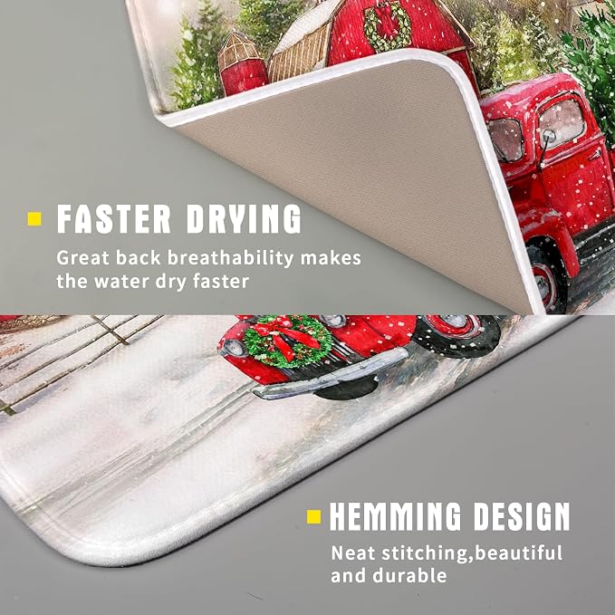 Red Truck Dish Drying Mat Xmas Tree Dish Drainer Rack Mat Winter Microfiber - Image 3
