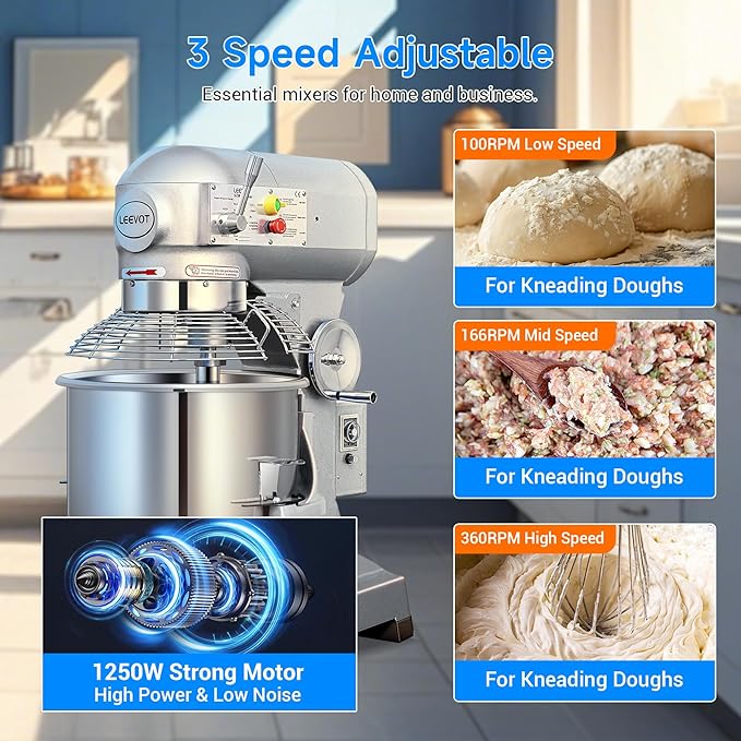 30Qt Commercial Food Mixer with Timing Function,1250W Commercial Stand mixer 3-Speed Adjustable,Electric Heavy Duty Dough Mixer with Stainless Steel Bowl for Bakery Pizzeria