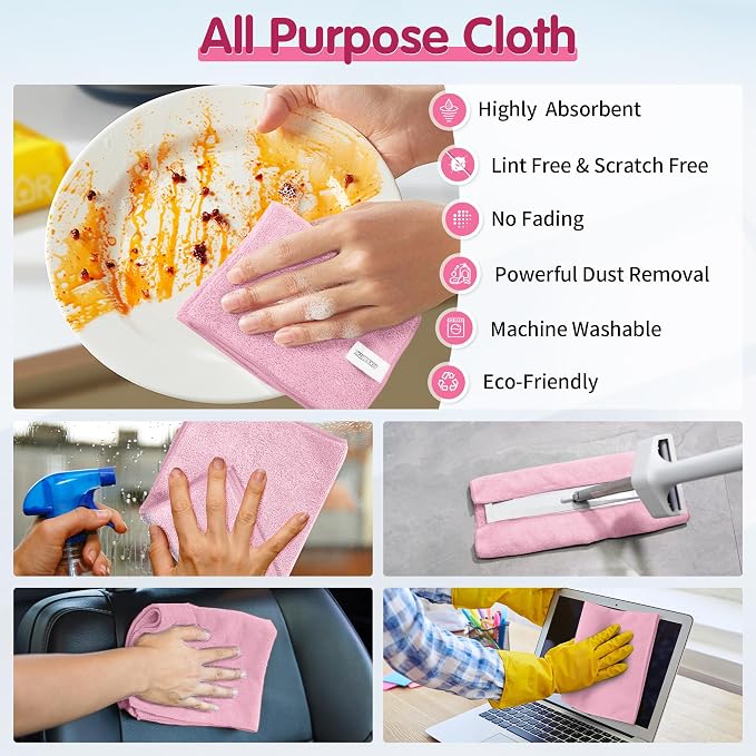 FIXSMITH Pink Microfiber Cleaning Cloth -Pack of 12, Highly Absorbent Cleaning - Image 5