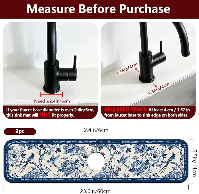 2 Pcs Kitchen Sink Splash Guard Faucet Mat Vintage Porcelain Flowers and Birds - Image 2