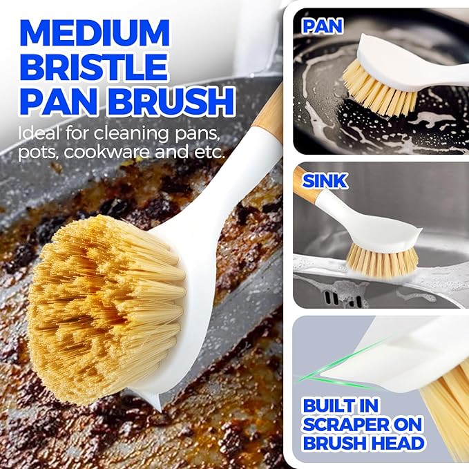 Holikme 3 Pack Dish Brush with Bamboo Handle Cleaning Brush, Pans and Vegetables - Image 4