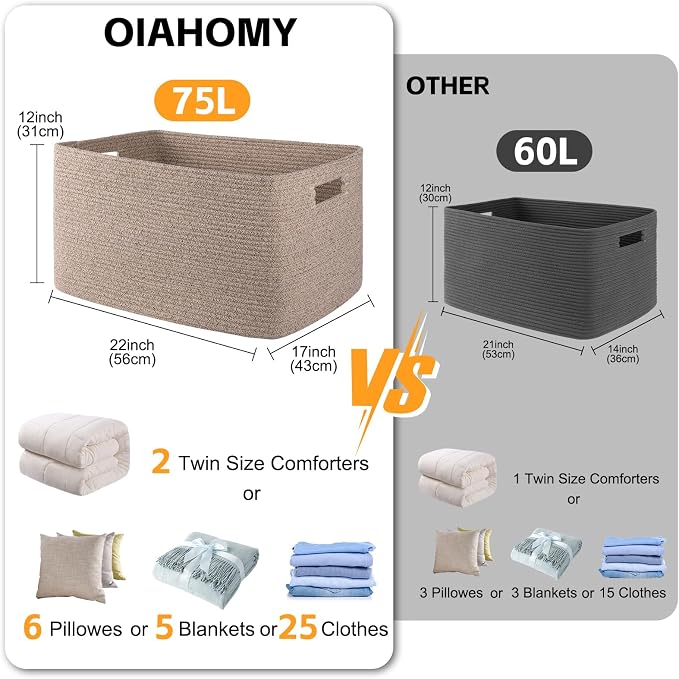 OIAHOMY 75L Large Blanket Basket Woven Cotton Rope Storage Basket Brown - Image 3
