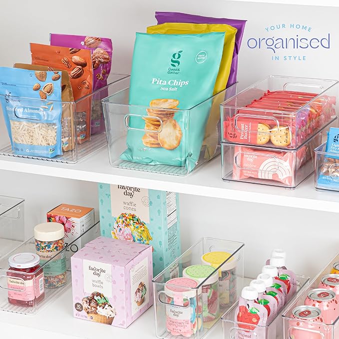 primebox 2 Pack Clear Plastic Organizing Container with Integraged Handles for Home Organization for Kitchen, Pantry, Fridge, Freezer, Cabinet,Bathroom, Playroom, Stackable. 10"x6"x3"
