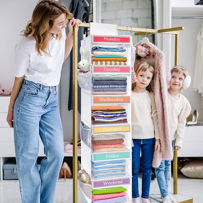 Fixwal Weekly Kids Clothes Organizer 6-Shelf Hanging Closet Storage White | - Image 2