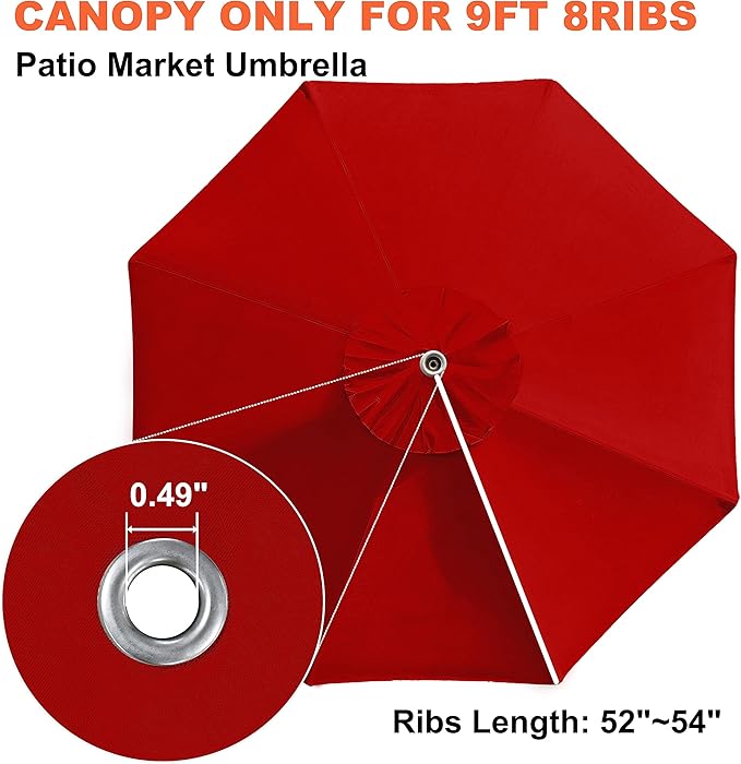 EliteShade USA 9FT Patio Umbrella Replacement Covers 8 Ribs Market Umbrella Canopy Cover (CANOPY ONLY) (Red)