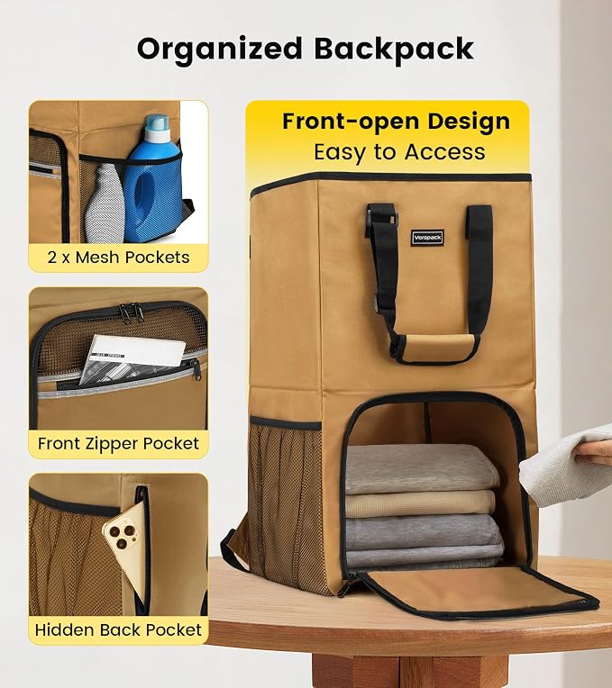 Vorspack Laundry Backpack with Shoulder Straps, Extra Large Hamper, Kahki | - Image 3