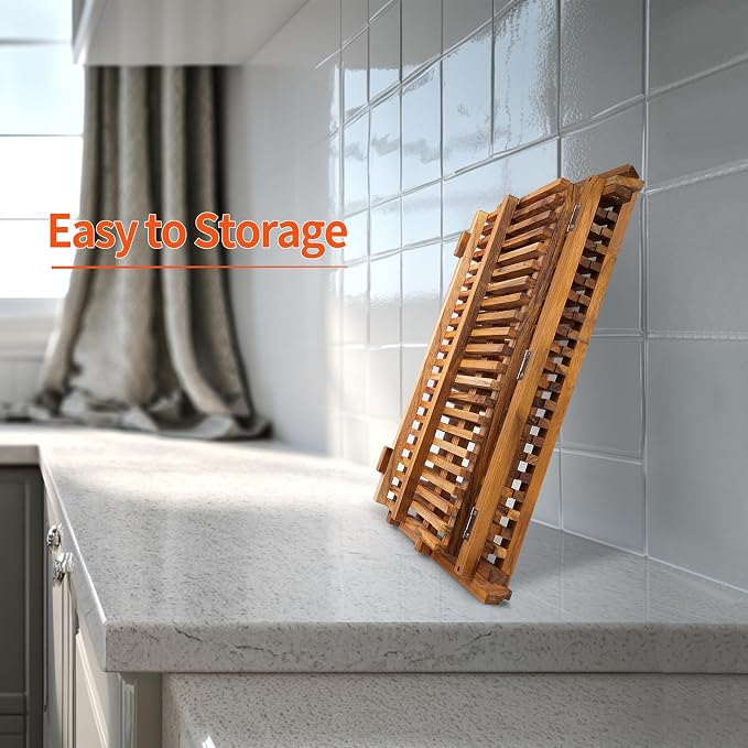 Utoplike Large Teak Dish Drying Rack, Wood Collapsible Organizer - Image 8