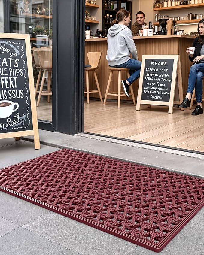 DEXI Front Door Mat Outside Entrance Rubber 32x48, Welcome Floor Doormat Heavy Duty Non Slip, Dirt Trapper Waterproof Exterior Entry Mats All Weather for Patio Entryway Drainage, Red