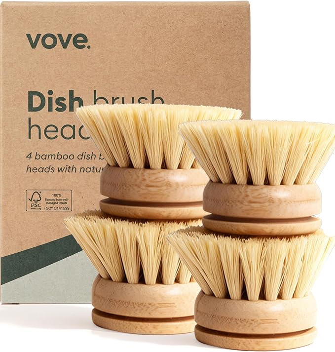 Bamboo Dish Brush Replacement Heads 4-Pack, Refill Heads by Vove