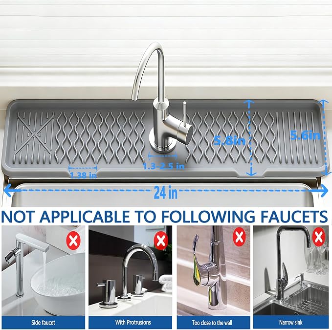 24 Inch Silicone Faucet Mat for Kitchen Sink, 7° Slope Fast Self-Draining Sink - Image 5