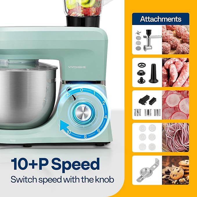 VIVOHOME 6-in-1 Stand Mixer, 8.5 Quart Electric Tilt-Head Kitchen Mixer with Bowl, Multifunctional Food Mixer for Cake, Bread, and Dough, with Meat Grinder, Blender, Pasta Maker Attachments, Blue