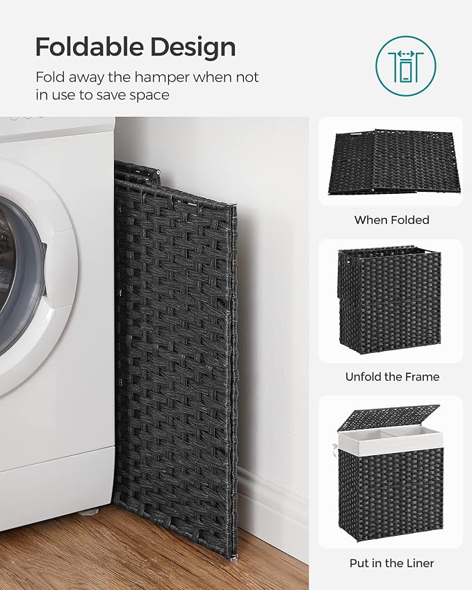 SONGMICS Laundry Hamper with Lid, 110L Double Wicker Basket, 6 Mesh Bags - Image 8