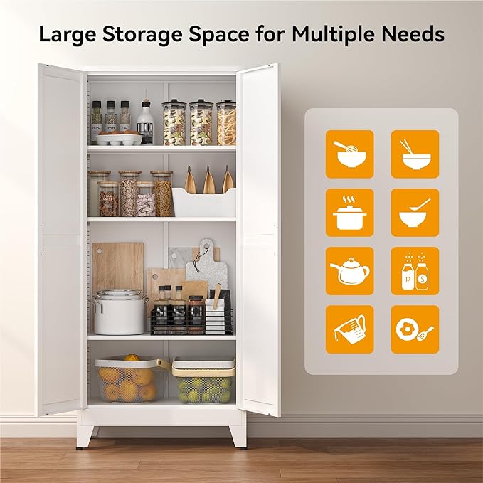 COFaR 61" Tall Pantry Cabinet with Adjustable Shelves, White Storage Cabinet with Doors and Shelves, Sturdy Freestanding Cupboard for Kitchen Pantry, Bathroom Storage, Living Room & Office