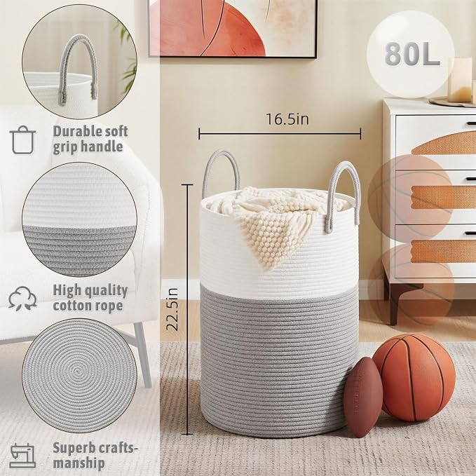 Artfeel Laundry Basket, Woven Cotton Rope Laundry Hamper, 80L - Image 6