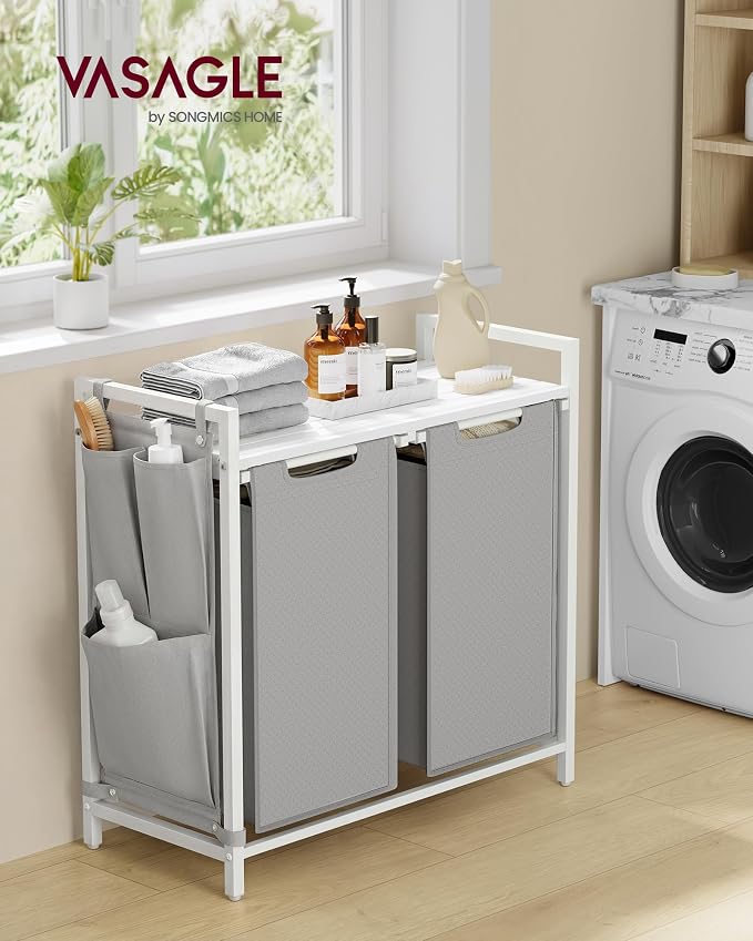 VASAGLE Laundry Hamper with Shelf, 2 Pull-Out Bags, 2 x 12.1 Gallons - Image 2