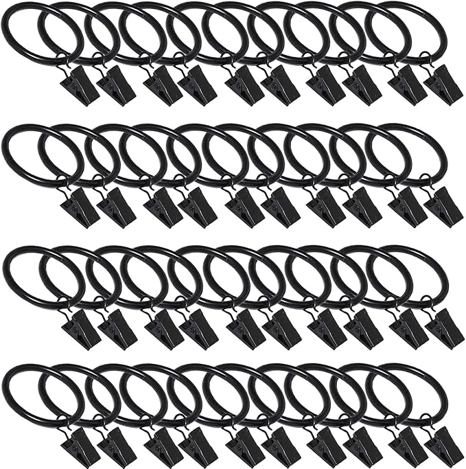 40 Pack Curtain Rings with Clips, Window Clip Rings Black Curtain Hooks Hangers by Azmoncy