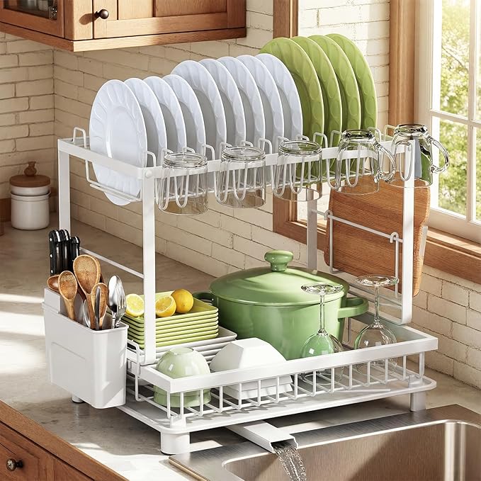 2-Tier Dish Drying Rack for Kitchen Counter, Space-Saving, Auto Drain Spout by Nfnoyp