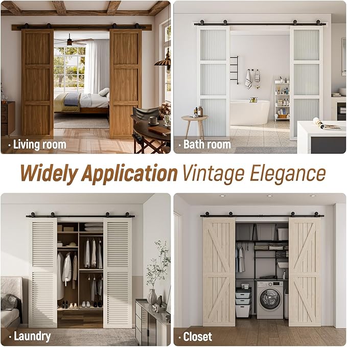 CCJH 17FT Sliding Barn Door Hardware Kit, Heavy Duty, Smoothly and Silently, Easy to Install, Fit 51" Width Double Door Panel, T-Shaped Style Black