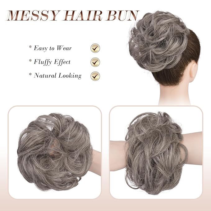 FESHFEN Large Messy Bun Hair Piece - Wavy Synthetic Chignon Scrunchies Elastic Ponytail Hair Extensions Thick Hairpieces for Women, Salt and Pepper 1.94oz