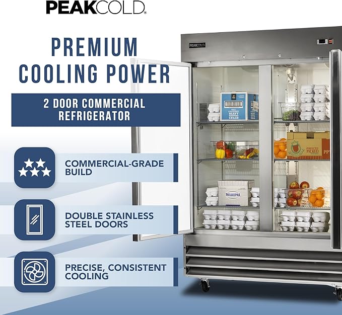 PEAKCOLD Double Door Commercial Refrigerator - 47 Cubic Ft, 54" Wide Stainless Steel Reach-In Commercial Refrigerator with White Internal Lighting - Freestanding Industrial Fridge