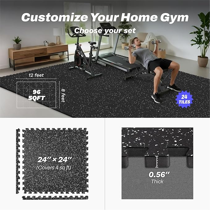 AIRHOP 0.56in Thick 96 Sq Ft Exercise Equipment Mats, 24 Tiles Upgraded Rubber Top with High Density EVA Foam, Large Interlocking Puzzle Gym Flooring for Home Gym, Heavy Weight Workout, 24 x 24in