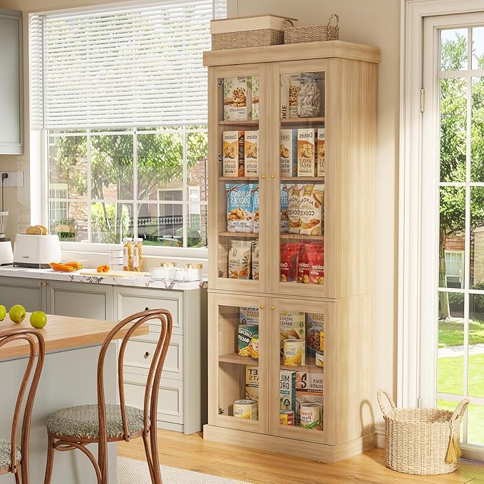 70.8" Bookshelf with Glass Doors, Farmhouse Modular Bookcase with 6-Tier Adjustable Shelves, Large Storage Cabinet for Living Room & Home Office, Brown