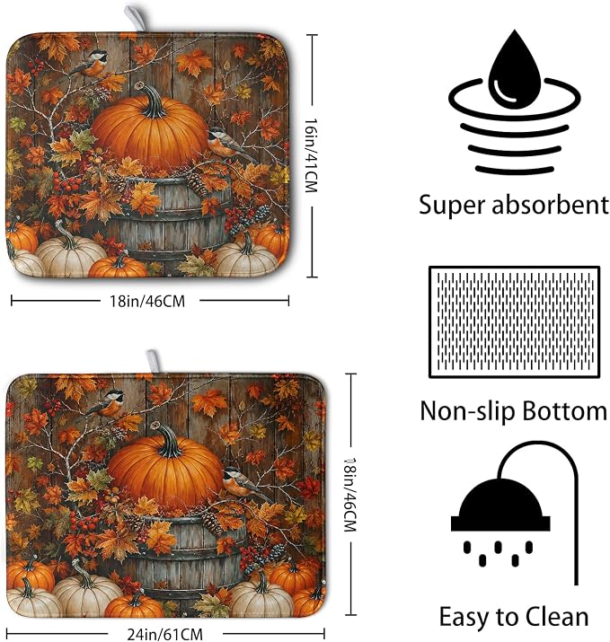 Fall Dish Drying Mat for Kitchen Counter 18x24 Autumn Pumpkin Maple Leaves - Image 2