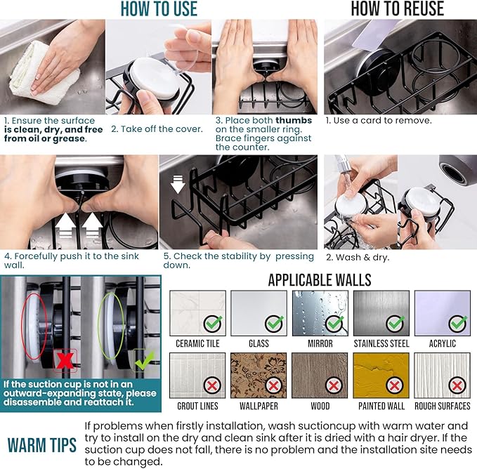 TAILI Sponge Holder with Strong Suction Cup, 4-in-1 Rustproof Sink Organizer - Sink Caddy Holds Sponges, Brushes, Stoppers & Scrapers - Black