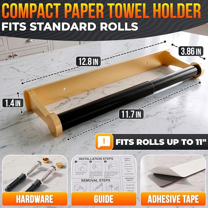 Gold Paper Towel Holder Under Cabinet, Space-Saving - Image 2