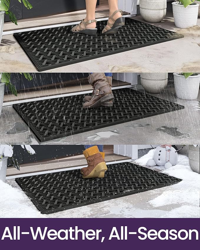DEXI Front Door Mat Outside Entrance Rubber 32x48, Welcome Floor Doormat Heavy Duty Non Slip, Dirt Trapper Waterproof Exterior Entry Mats All Weather for Patio Entryway Drainage, Black