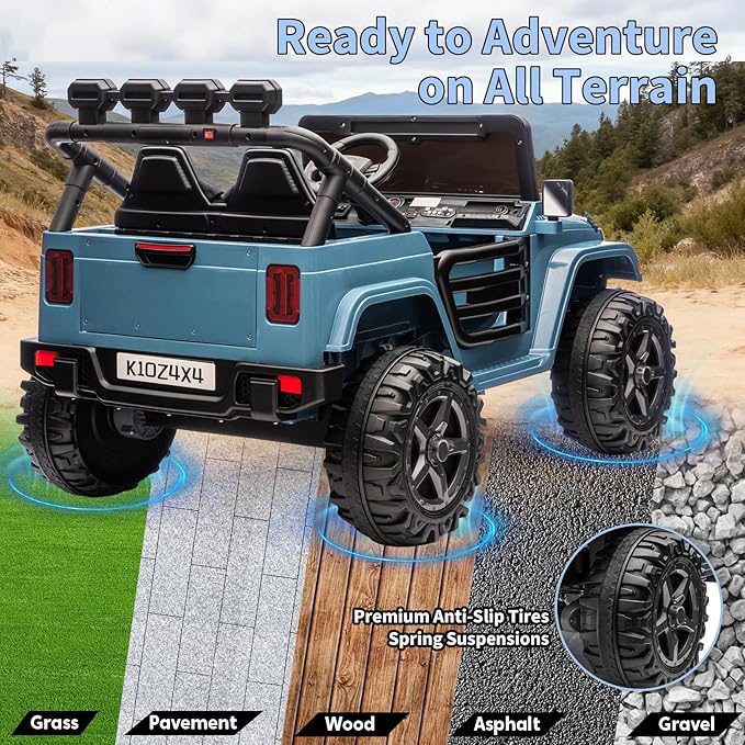 Kids 24V 2-Seater Electric Ride On Car, 4x4 Ride On Truck w/Remote Control, 4-Wheeler Suspension, 3 Speeds, Led Lights, Bluetooth, Ride on Car Toy for Kids Ages 3-8, Blue