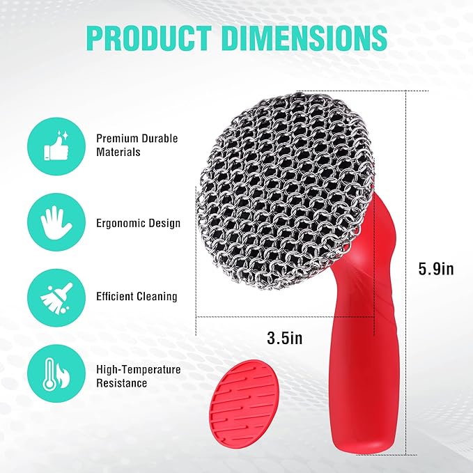 HAUSHOF Cast Iron Scrubber with Long Handle, Chainmail Scrubber Cast Iron Cleaner for Pan, Kitchen Cleaning Kit for Grill, Dutch, Oven