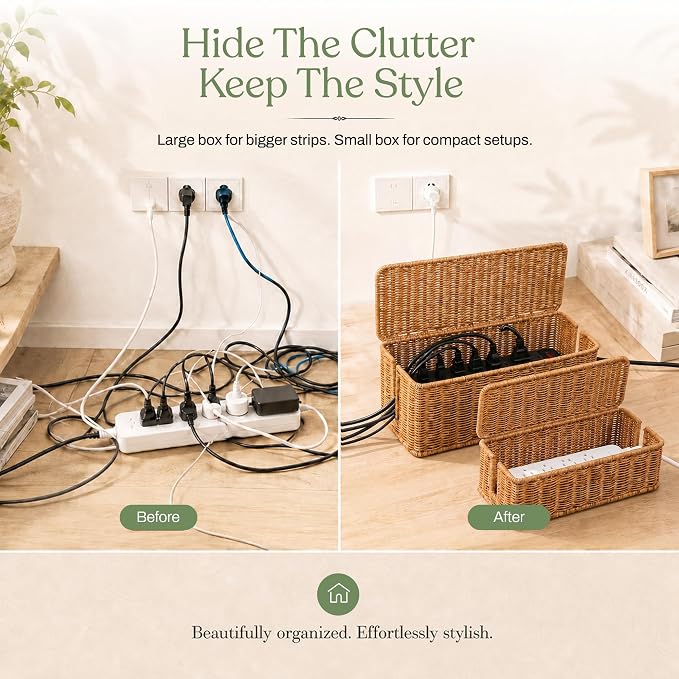 2PCS Cable Management Box Set, Handmade Rattan Cord Organizer | Large & - Image 4