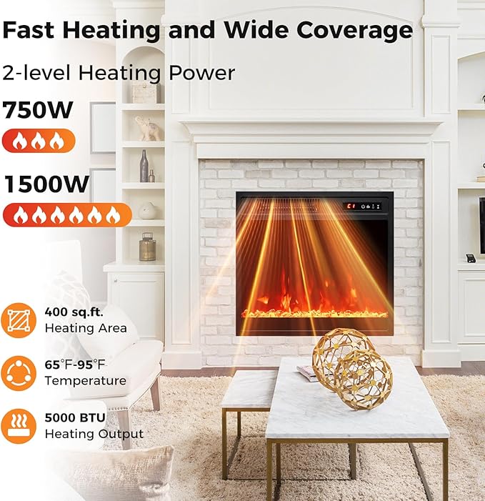 Tangkula 18 Inches Electric Fireplace, 5,000 BTU Fireplace Insert w/Remote Control, Crystal Stones, 3 Flame Colors & 5 Brightness, 0.5-9H Timer, Thermostat & Overheat Protection