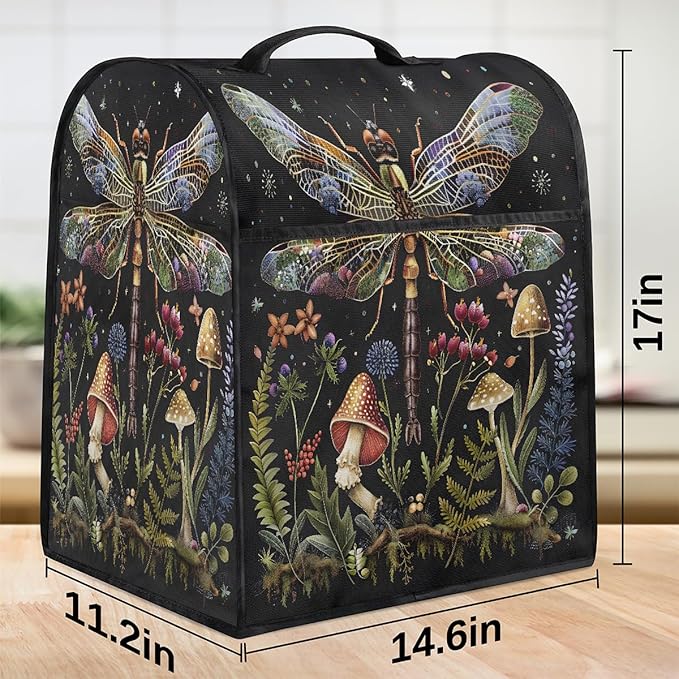 Kitchen Aid Mixer Cover Animal Dragonfly Flower Stand Mixer Cover Compatible with 6-8 Quarts Stand Mixers, Dust Covers with Zipper Pocket Foldable Washable Kitchen Aid Organizer Bag
