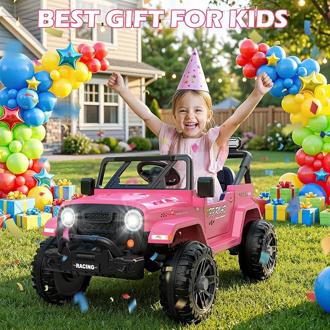 12V Ride On Truck Car with Remote Control, Kids Electric Vehicles with Bluetooth Music, Horn, 3 Speeds, 4 LED Lights, Soft Start, Ride on Toys for Toddler Boys & Girls (Pink)