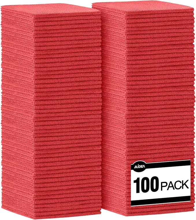 AIDEA Microfiber Cleaning Cloth Red-100PK, Soft Absorbent Shop Rags, Microfiber by AIDEAHOME