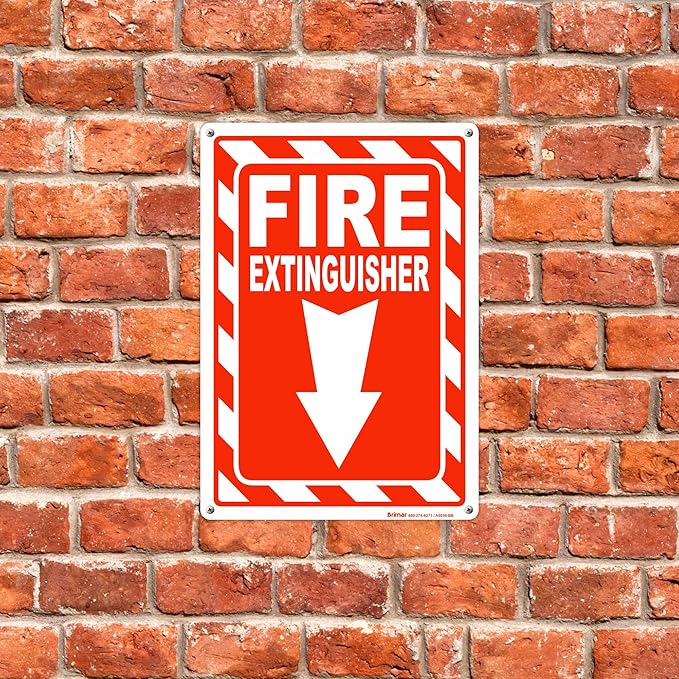 Brimar - 7" x 10" - Fire Extinguisher Sign - Rust-Free Aluminum - Bold Text And Symbol - High Visibility