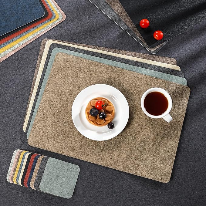 Myir JUN Placemats Dual Sided, Faux Leather Place Mats Set of 6 Indoor Placemats for Dining Table Outdoor Placemats Manteles Individuales Square Non-Slip Washable Table Mats (Gray Black, Set of 6)