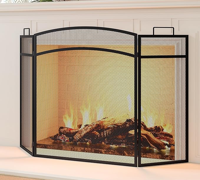 3 Panel Fireplace Screen 48" W x 29" H Modern Foldable with Wrought Metal Decorative Mesh,Arch Heavy Duty Fire Spark Guard Cover for Home Decor Indoor, Black