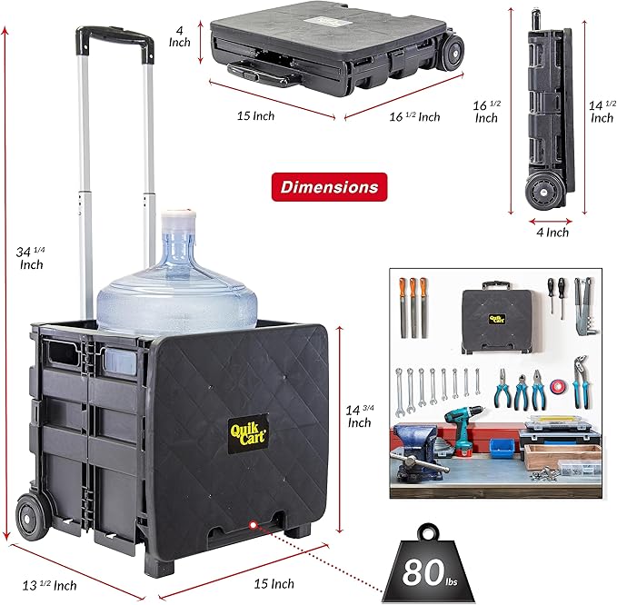 dbest Products Quik Cart Sport Collapsible Rolling Crate on Wheels for Teachers Tote Basket 80 lbs Capacity, Made from Heavy Duty Plastic, Black, Compact