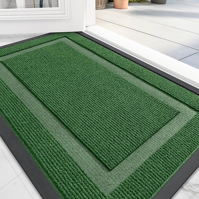 OLANLY Front Door Mat Indoor Outdoor Entrance, Waterproof All-Season, All-Weather Doormat, Sturdy Natural Rubber, Fade Resistant, Low Profile, Easy Clean Patio Porch Entryway Mat, 59x40, Green