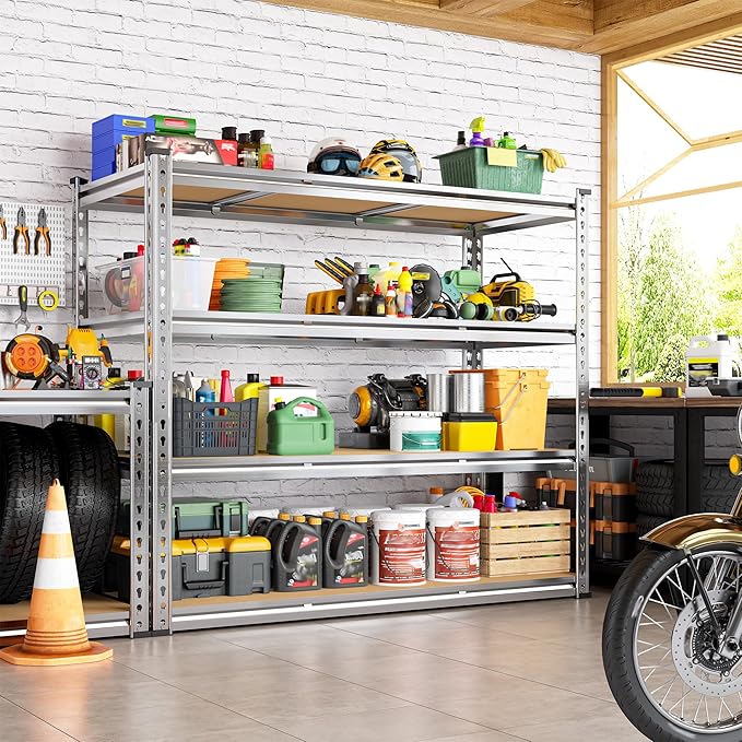 Garage Shelving Load 2100LBS, 4-Tier Storage Shelves, Adjustable Garage Shelves, Shelving Units and Storage, Metal Shelf for Kitchen, Pantry, Warehouse, 48" W x 60" H x 17.9" D, Galvanized