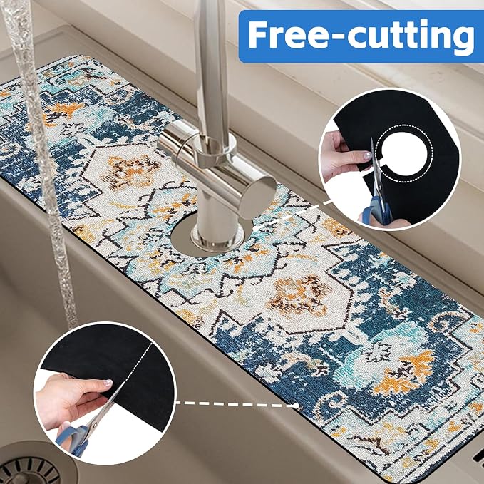 Oriental Blue Turkish Carpet Pattern Sink Faucet Absorbing Mat Sink Splash - Image 7